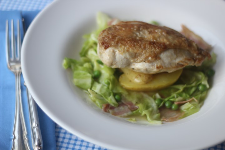 Breast of Chicken with Cabbage and pea broth